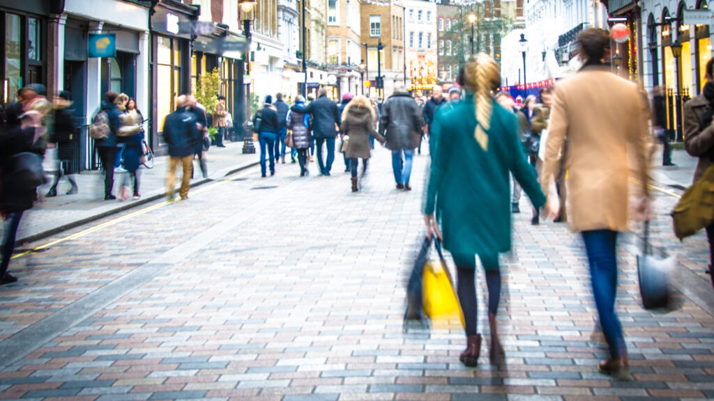 A busy high street in the UK.